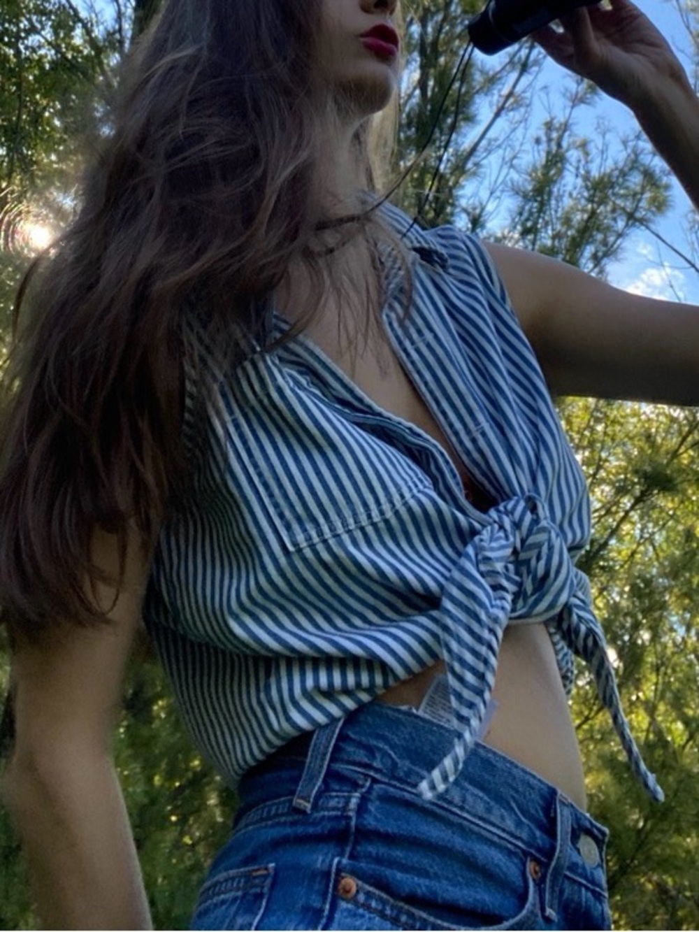 Striped Tie-Front Sleeveless Top Blue/White